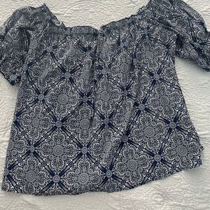 SHEIN Navy and White Patterned Off-Shoulder Blouse